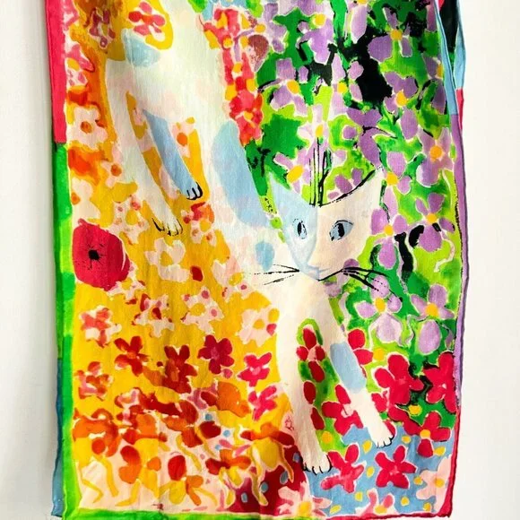 Colorful Floral & Cat Print Silk Scarf - Multicolor - Picture 3 of 6